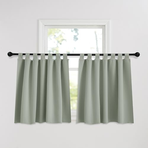 PONY DANCE Scheibengardinen Blickdicht Kurze Vorhänge Küche Kinderzimmer Gardinen mit Schlaufen Verdunklungsvorhänge Fenster Schlaufenschal 2er Set H 90 x B 140 cm, Salbeigrün
