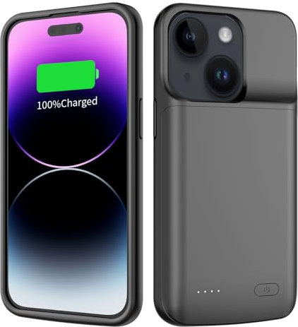 TAYUZH Akkuhülle für iPhone 14/13 (6,1 Zoll), verbesserte 7000 mAh, schlanke, tragbare Schutzhülle, Ladegerät, wiederaufladbar, erweiterter Akku, kompatibel mit iPhone 14/13, Schwarz