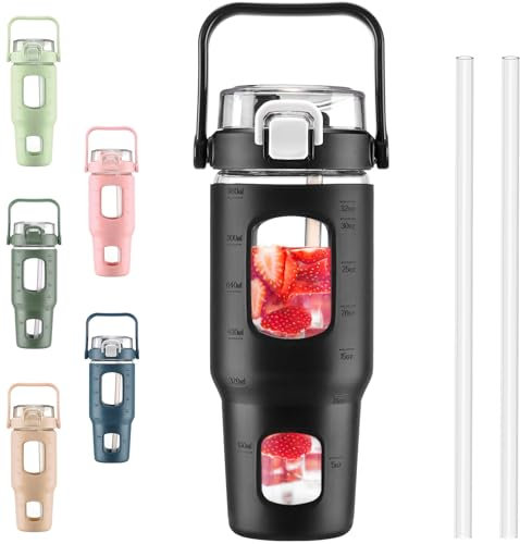 BLUEGO 960ml Glass Water Bottles with Straw Time Marker Half Gallon Large Motivational Water Bottle with Silicone Sleeve 0.96 Liter Large Glass Water Jug for Gym, Sports& Workout, Daily, Black