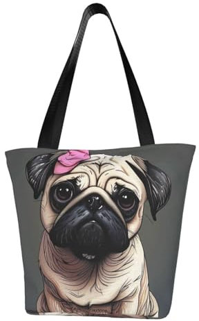 JCVOTREL Damen-Schultertasche mit Mops-Motiv, bedruckt, Handtasche, Einkaufstasche, Schwarz , Einheitsgröße