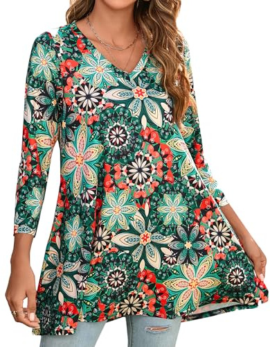 Enmain Tunic Tops for Women UK Plus Size Womens Tops 3/4 Long Sleeve V Neck Ladies Blouse Longline Floral Casual Loose Fit Tunics for Leggings Green & Red 2XL