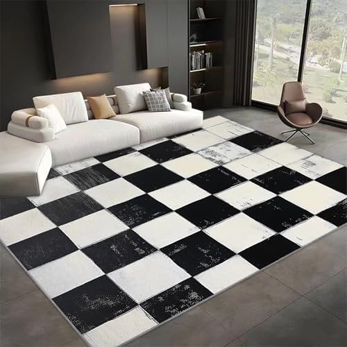 Waschbarer Kurzflor Vintage Teppich Shabby Chic - Schwarz Weiß Karierte Geometrische Streifen Pflegeleicht & Robuster Teppich, rutschfeste Teppiche für Innenbereich, Wohnzimmer 160x230cm