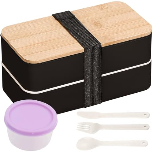 GOMETY Japanische Lunch Bento Box: Set Mit Besteck, Auslaufsichere Brotzeitbox, Ideal Für Büro Und Schule (Schwarz, 1200ml)