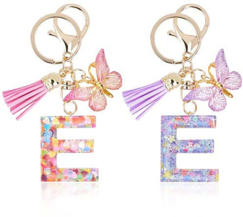 Mulaibdin 2 Pièces Porte Clef Personnalisable, Porte Clef Femme Original Chic, Porte Clef Lettre Simple, Idee Cadeau pour Femme Maman, Papillon Porte Clés Initial pour Voiture,Moto,Sac (E)