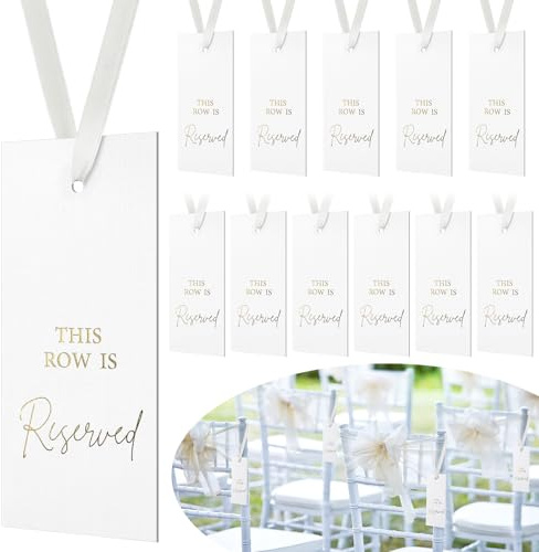 Clabby Confezione da 12 cartelli con nastro per sedie riservate per matrimoni, ricevimenti, feste e ristoranti, da appendere per matrimoni, chiese, eventi, sedie (oro)