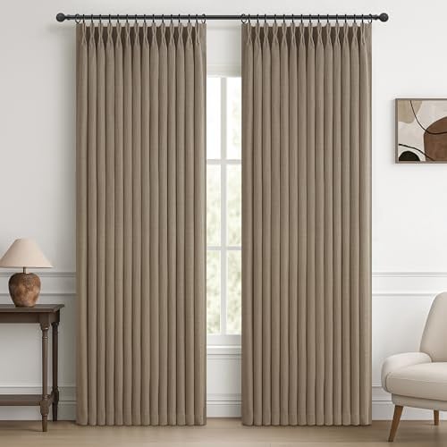 PleatedDrapes Strukturierte Verdunkelungsvorhänge aus Leinen, 228 cm lang, für Esszimmer, Plissee, dunkles Flachs, wärmeisoliert, Fenstervorhänge, Raumverdunkelung, Bodenlänge, 228 cm, Vorhang-Set mit