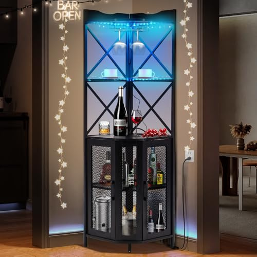 EROMMY Corner Bar Cabinet with Plug Sockets, 5-Tiers Wine Cabinet with RGB LED Lights and Glass Holder, Industrial Wine Rack for Home Bar, Dining Room, Lounge, Kitchen (Black)