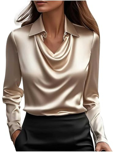 Women's Elegant Satin Silk Cowl Neck Solid Color Blouse Drape Ruched Front Long Sleeve Pullover Shirt Office Work Dressy Wear Classic Basic Tops Autumn Loose Fit Comfy Shirt Gold