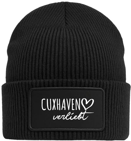 Huuraa Beanie Cuxhaven verliebt Geschenk | Black Geschenkidee Schwarze Rippstrick Wintermütze mit austauschbarem Klett Patch