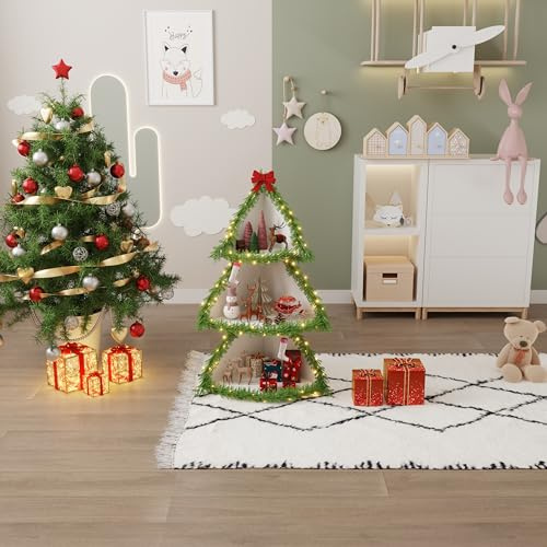 Rainbow Tree 3-Tier Christmas Tree Corner Shelf Bookshelf DIY Village Display Stand, Tabletop Shelf, Corner Storage Shelf Rack for Living Room, Bedroom (White)