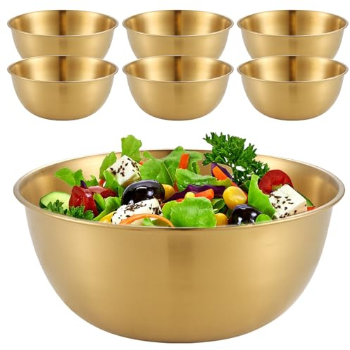 6 Stück Edelstahl Schüssel, Ø 17cm Rührschüssel Edelstahl Salatschüssel Set, Stapelbare Metall Schalen mit Messmarken, Servierschüssel für Müslischale, Dipschale, Snackschale, Spülmaschinenfest (Gold)