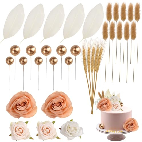 35 Stk Goldene Kugeln Tortendeko Boho,Künstliche Kuchendekoration | Cake Topper Gold für Geburtstag und Hochzeit,Deko Torte Geburtstag,Cake Decoration Rosa Blumen Mädchen Frau