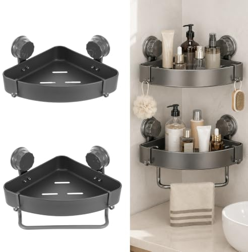 2 Pack Corner Shower Caddy Suction Cup No Drilling for Bathrooms Storage | Corner Shower Shelf with Towel Bar and Hooks, Bathroom Corner Shelves Suction Shower Organiser Rack (Grey)