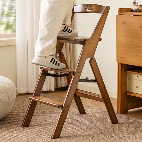 Folding Step Ladder Chair Step Stool Walnut Brown Kitchen Stool Sturdy Space-Saving Kitchen Library Steps 3-Step Multipurpose Ladder for Home and Kitchen