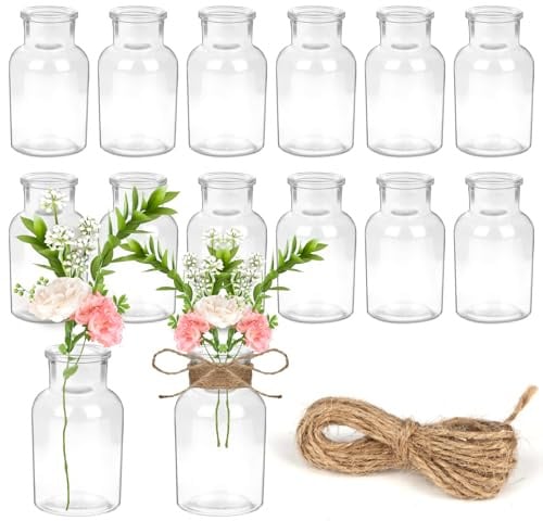 YOMKILU 12er Set Glasvase Klein, 125ml Mini Vasen mit 5m Juteschnur, 10.3cm Hoch Blumenvasen, Vasen Deko, Kleine Vasen für Tischdeko Zuhause Hochzeiten Geburtstage Feste, Spülmaschinenfest
