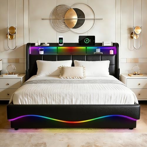 XMFFPM Polsterbett mit Stauraum 140x200 cm mit USB- & Type-C-Anschlüssen, Lattenrostsystem, Lederrückwand und geräuschfreier Polsterung, LED-Beleuchtung, Ottoman-Lagerbett, Schwarz