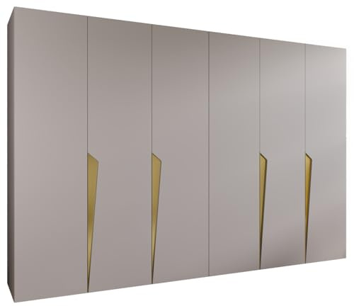 MEBLE KRYSPOL - Kleiderschrank - Garderobenschrank - 300 cm x 202 x 52 cm - Schrank mit Kleiderstange, 6 Türen - für Schlafzimmer, Flur - Piano, Kaschmir, Griff Gold