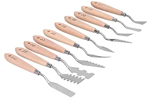 Haofy Ölfarbenschaber, Edelstahl-Kunst-Kombinationsmesser-Set für Studentenmalerei, 10 Stück Buchenholz-Palettenmesser für Öl- und Acrylmalerei
