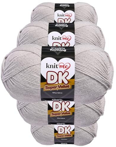 Knit Me Filato Medio DK 5x100g – 100% Acrilico per Maglia & Uncinetto, Ferri n°4 (3,75-4,5 mm), Uncinetto 4,5-5,5 mm, 1500m, morbido, lavabile, cappello sciarpa coperta amigurumi, Grigio platino
