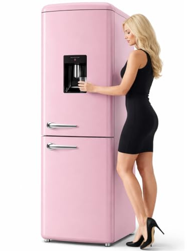 BAKAJI Frigorifero Combinato Vintage con Doppia Porta da 247 Litri, Frigo Salvaspazio con Dispenser d'Acqua e Maniglie Ergonomiche Design Retrò, Dimensioni 60 x 60 x 178 cm (Rosa)