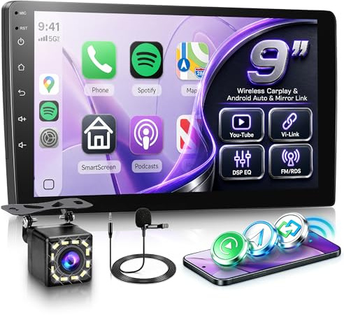 Rimoody Inalámbrico Carplay Radio de Coche 2 DIN con Android Auto You-Tube Vi-Link Bluetooth FM/RDS DSP EQ, 9 Pulgadas Pantalla Táctil Radio con Mirror Link USB/EQ Control del Volante Cámara Trasera