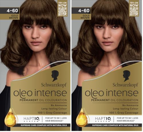 Schwarzkopf Oleo Intense Permanent Hair Colour 4-60 Gold Brown | Ammonia Free Oil Hair Dye | 100% Grey Coverage | Long-Lasting Rich Colour | With HaptIQ System & Caring Oil Mask (Pack of 2)