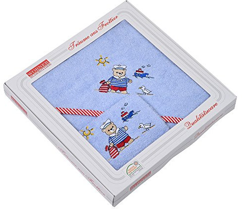 Wörner Südfrottier Baby Käptn Teddy Sky Lätzchen, Badetücher, Waschhandschuh, Badeponcho (Geschenkset 80x80 cm)