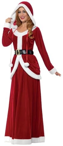 Smiffys Deluxe Ms Claus Costume, Red with Hooded Dress & Belt, Christmas Adult Fancy Dress, Santa Dress Up Costumes