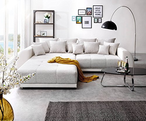 DELIFE Big-Sofa Violetta Hellgrau Creme 310x135 cm inklusive Hocker und Kissen Big-Sofa