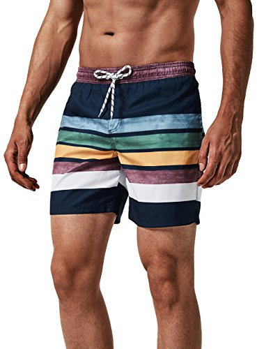 MaaMgic Shorts de Baño para Hombre Shorts de Playa Traje de Bañode Secado Rápido para Vacaciones Diseño a Rayas,Rayas Azul Marino L