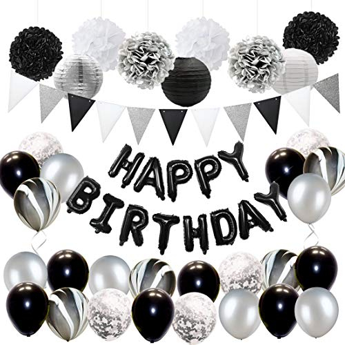 JOYMEMO Schwarz Silber Geburtstagsdeko Männer Frauen - Schwarz Weiß Konfetti Marmor Ballons Set, Happy Birthday Banner, Papier Poms für 18. 21. 30. Geburtstag Party Supplies