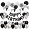JOYMEMO Schwarz Silber Geburtstagsdeko Männer Frauen - Schwarz Weiß Konfetti Marmor Ballons Set, Happy Birthday Banner, Papier Poms für 18. 21. 30. Geburtstag Party Supplies