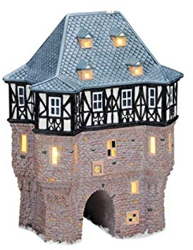 Kanzlei-Tor in Idstein aus Porzellan – Windlicht Lichthaus Miniatur-Modell – B16 x T12 x H22cm - detailreiche Haus Dekoration Teelichthalter Weihnachtsdorf Sammlerobjekt Dekohaus Geschenkidee
