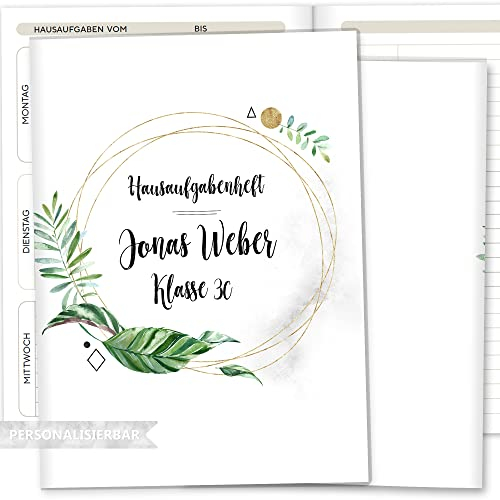 OLGS Hausaufgabenheft Hülle Tropical Green inkl. Heft Schulheft Schutzhülle Umschlag Geschenkidee Einschulung personalisierbar mit Namen und die Schulklasse (personalisiert, Tropical Green 05)