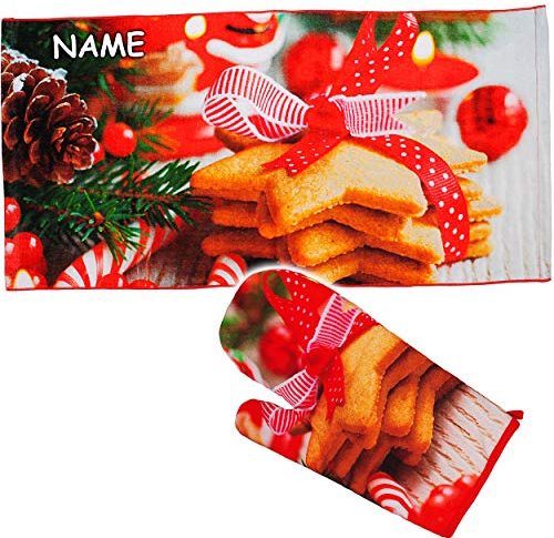 alles-meine.de GmbH 2 TLG. Set: Ofenhandschuh/Topfhandschuh + Geschirrtuch - Plätzchen - Weihnachten - inkl. Name - hitzebeständig - Grillhandschuhe mit extra Langen Schaft/T..