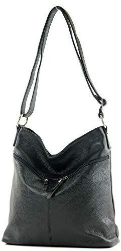 modamoda de T196 Damen Leder Schultertasche Umhängetasche handmade in Italy, Farbe:Schwarz