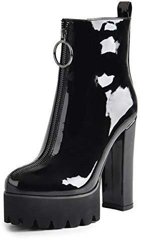 Only maker Damen Stiefeletten Plateau Kurze Stiefel Bequeme Elastische Knöchelstiefel Blockabsatz Reißverschluss Schwarz Lack 36 EU