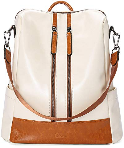 CLUCI Damen Rucksack Mode Leder Schultertasche Elegant Große Reiserucksack Leichter Tasche für Frauen 2 in 1 Beige mit Braun