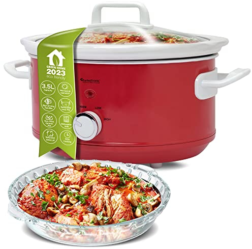 TurboTronic - Cocina lenta (3,5 L, rojo/blanco, azul claro/blanco, negro/olla de cocción lenta con función de mantener el calor, vaporera, cacerola, olla para cocinar, aspecto retro (rojo)