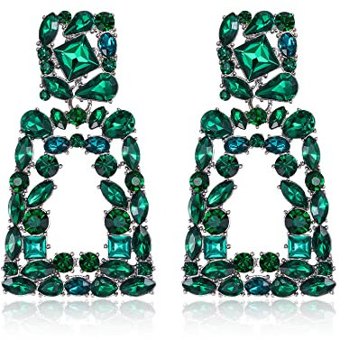 EVER FAITH Pendientes Mujer Cuadrados Grandes Bohemios de Goteo de Cristal Geométrico con Diseño Verde Tono Plateado