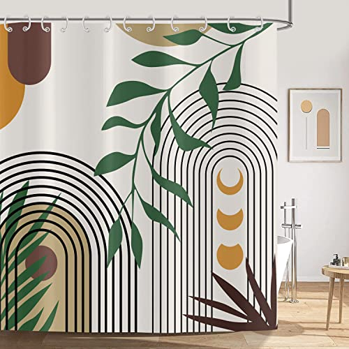 ASDCXZ Duschvorhang Boho 180x180 cm, Modern Abstrakt Kunst Boho Style Sonne Mond Grün Braun Palme Blätter Linie Waschbar Duschvorhänge Textil Wasserdicht Duschvorhang für Badewanne mit 12 Haken