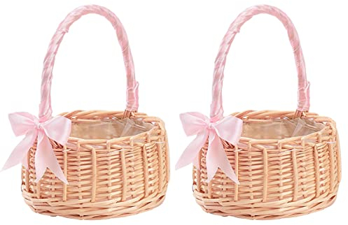 2-teiliges Hochzeits-Blumenmädchen-Körbe-Set, Picknickkorb mit Griffen und Einlagen, Rattan-Blumenkorb, Blütenblattkorb, Süßigkeiten-Aufbewahrungskorb, Rosa