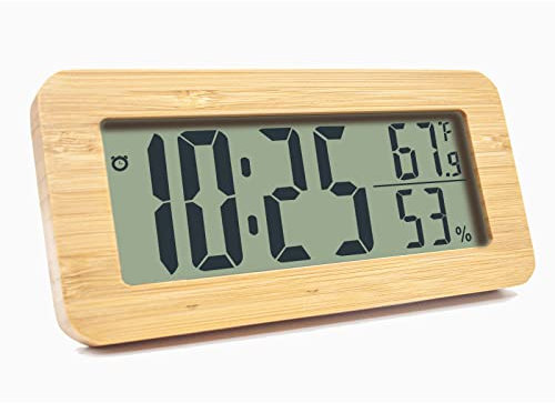 Alarm Clocks Bedside Battery Powered, Digital Alarm Clock with Temperature and Humidity, Bedroom Bamboo Wooden Alarm Clock, Small Silent Digital Alarm LED Clock Large Display for Study and Office