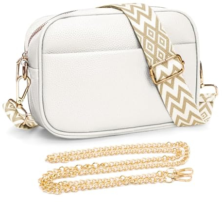 YILCER Umhängetasche für Damen, kleine Leder-Crossbody-Tasche für Damen, Kamera-Handtasche, Pom-Pom-London-Taschen, Schultertasche mit wechselbarem Gitarren-breitem Gurt (2 Schultergurte), B-weiß,