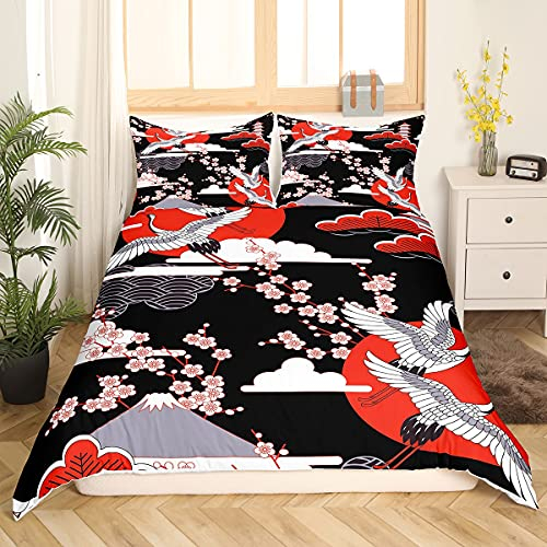Homewish Kranich Bettbezug 135x200 Japanischer Stil Bettwäsche Set Kirschblüten Muster Frauen Mädchen Tröster Abdeckung Japanische Traditionelle Muster Dekor Tröster Set mit Reißverschluss Krawatten