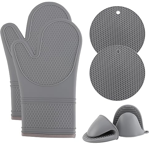 COOK WITH COLOR Silicone Oven Mitts- Heat Resistant Gloves with Soft Quilted Lining Oven Mitt Pot Holders for Cooking and BBQ, Gray, Mitt Set