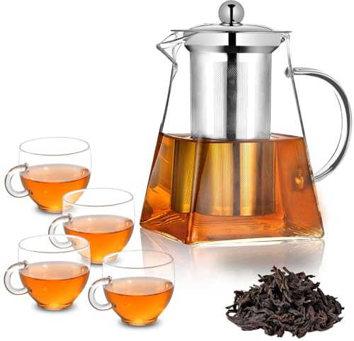 Pluiesoleil 950ML Borosilicate Glass Teapot, Loose Leaf Teapots with Infuser, Square Tea Pot with Strainer, Stovetop Microwave Safe Teapot witn 4 Cups