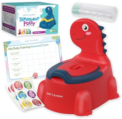 Dinosaur Potty Training Toilet Seat, Potty Toilet Set for Boys & Girls with Splash Guard, Toddler, Lid & Comfortable Back Rest, Includes Free Potty Liners & Reward Sticker Chart (Red)