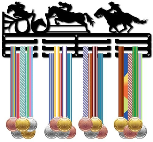 CREATCABIN Equestre Medaglia Gancio Display Porta Medaglia Cremagliera Sport Metallo Appeso Atleta Premi Ferro Montaggio A Parete Decorazione Oltre 60 medaglie per Equitazione Competizione 40x15cm