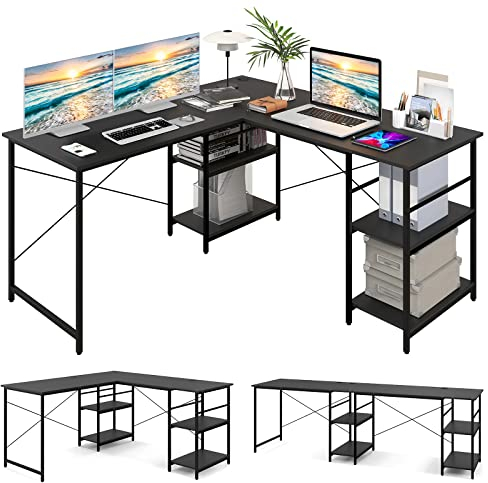 GIANTEX L-förmiger Eckschreibtisch, umwandelbarer Computertisch mit 4 Ablagen und 3 Kabellöchern, 2 Personen Spieltisch und Schreibtisch für Home Office (schwarz)